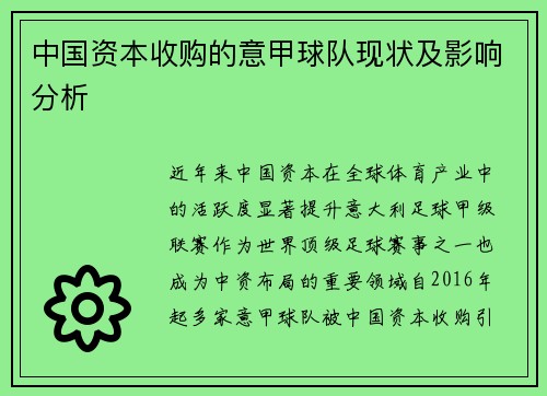 中国资本收购的意甲球队现状及影响分析